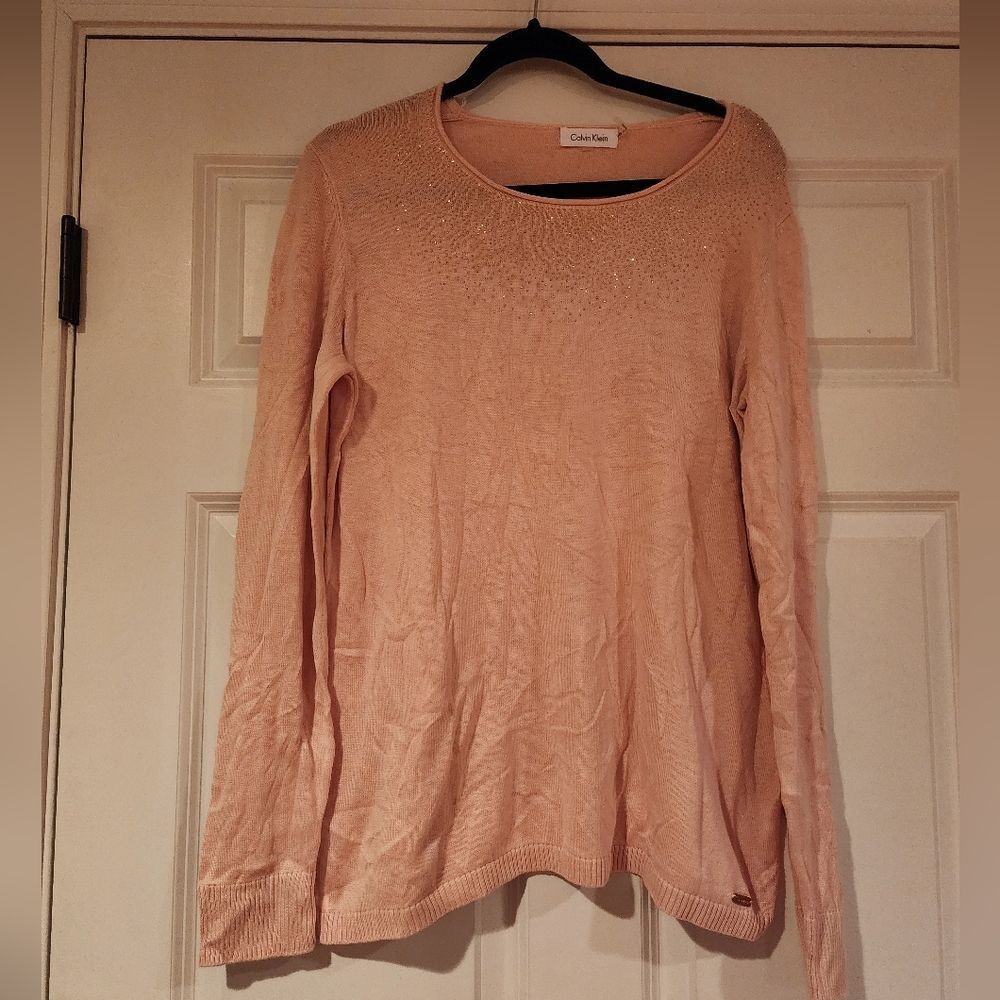 Calvin Klein pink and silver rhinestones long sleeve sweater top L